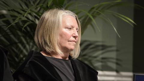US-Professorin Nancy Fraser fotografiert während einer Zeremonie zur Eröffnung des neuen akademischen Jahres 2015-2016 und zur Verleihung der Ehrendoktorwürde an der Universität Lüttich. 