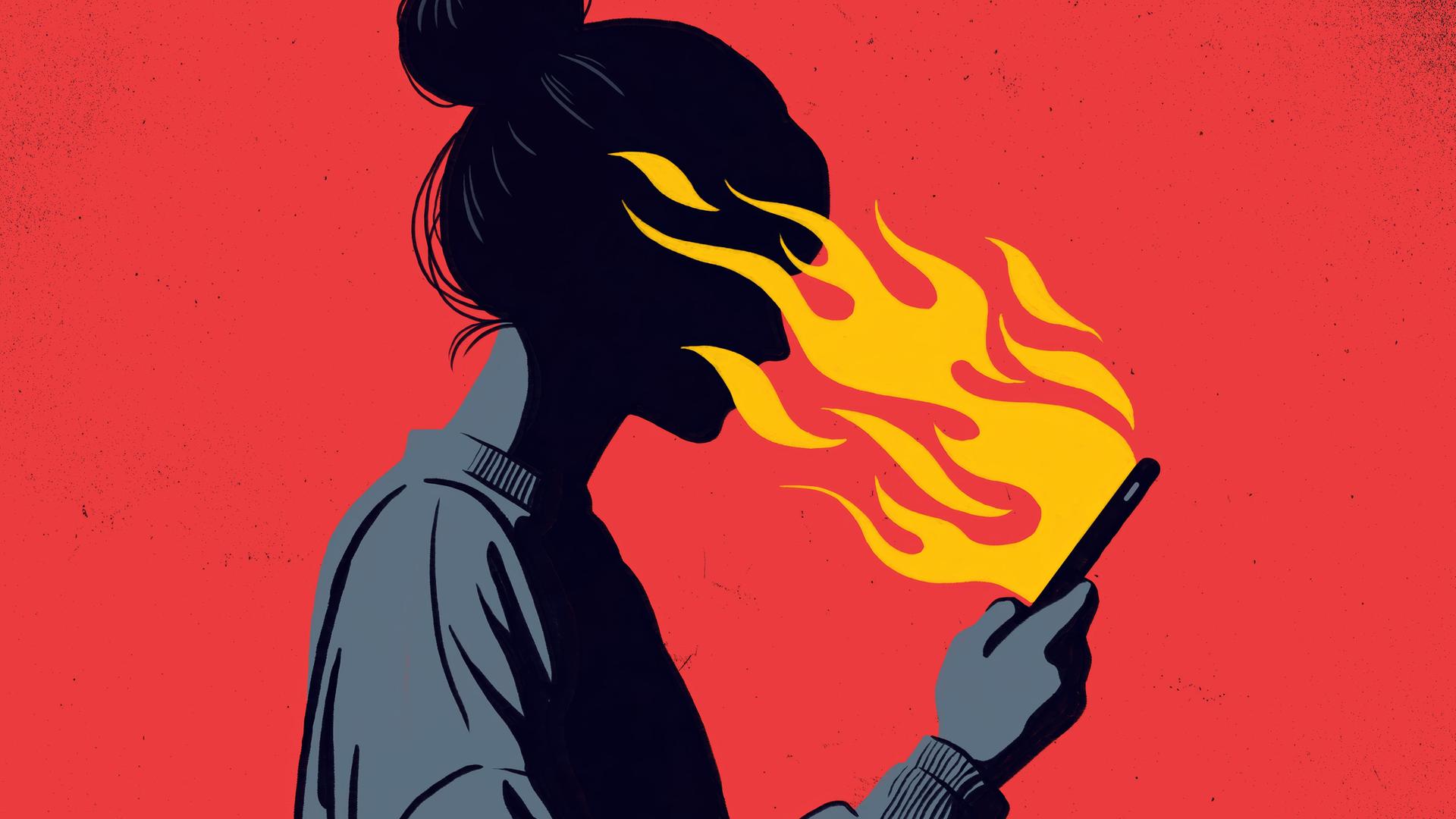 Illustration, die eine Frau mit einem Dutt zeigt, die ein Smartphone in der Hand hält, aus dem orangefarbene Flammen auf ihr Gesicht züngeln. Der Hintergrund ist in einem kräftigen Rot gehalten, das mit der dunklen Silhouette der Frau kontrastiert.