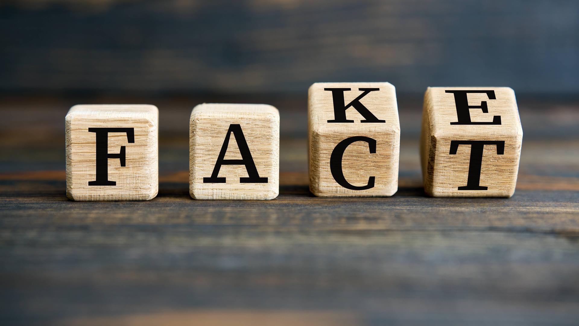 Zu sehen sind Buchstabenwürfel. Sie bilden das englische Wort „Fact“. Die letzten beiden Würfel sind jedoch gekippt und lassen zugleich die Oberseite erkennen. Darauf stehen die Buchstaben K und E. So kann man auch das englische Wort „Fake“ herauslesen.