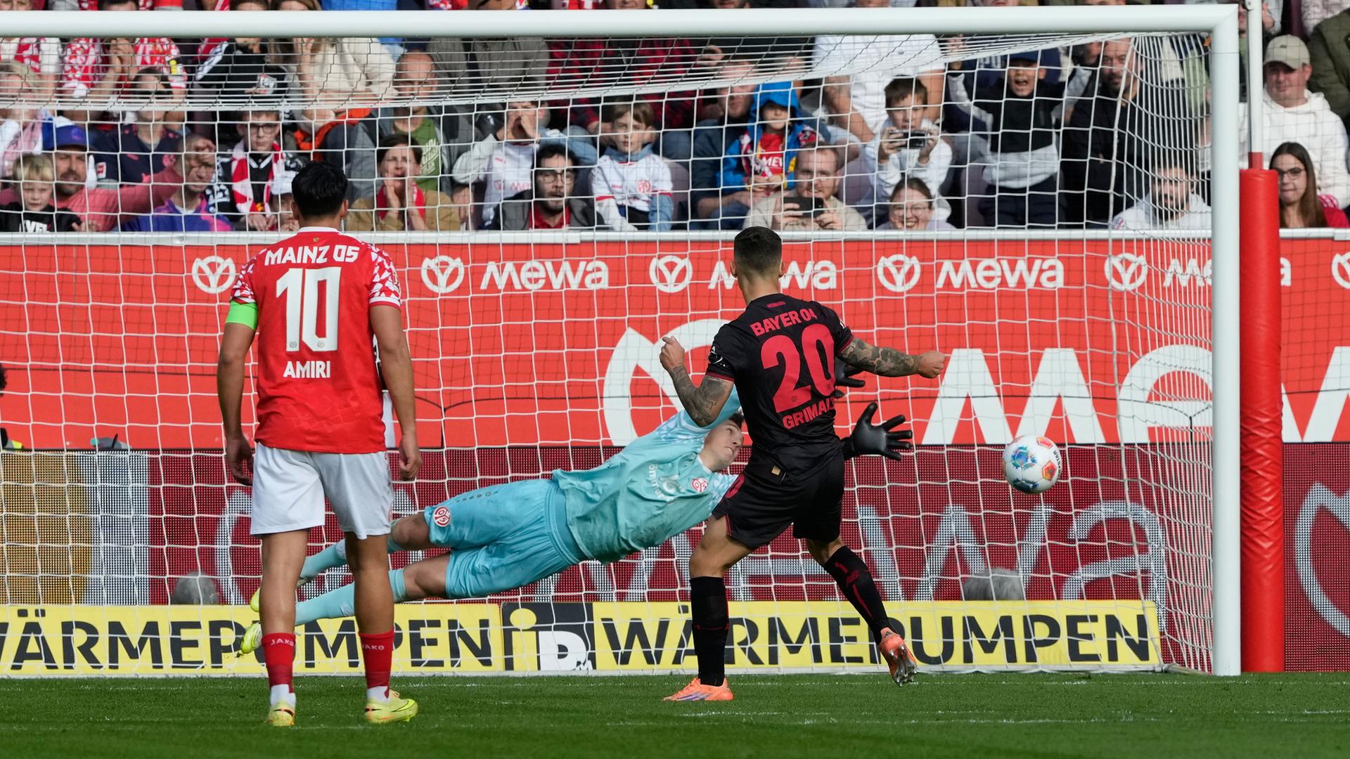 Der Fußballspieler Alex Grimaldo von Bayer Leverkusen schießt mit einem Ball auf das Tor vom FSV Mainz 05. Der Torwart hechtet zur Seite. Der Fußballspieler Alex Grimaldo von Bayer Leverkusen schießt mit einem Ball auf das Tor vom FSV Mainz 05. Der Torwart hechtet zur Seite.