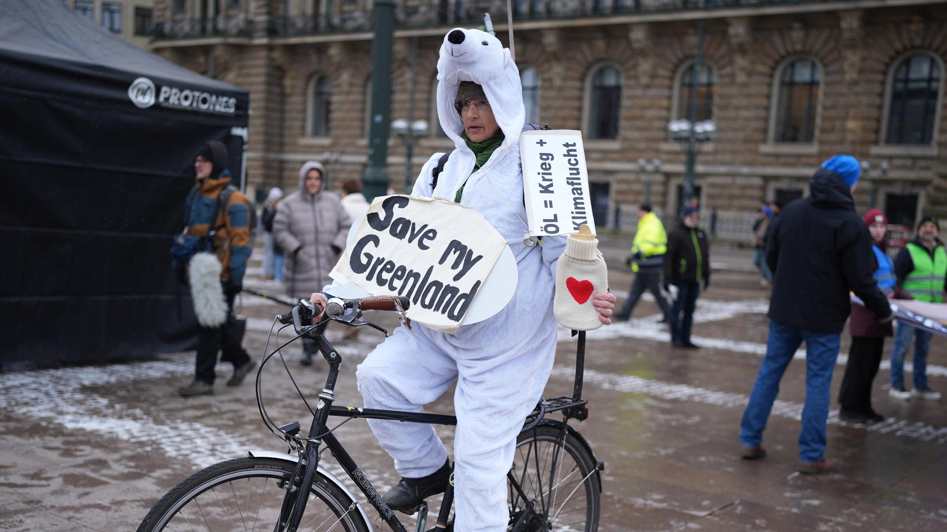 Eine Teilnehmerin in einem Eisbären-Kostüm auf einem Fahrrad hält ein Schild mit der Aufschrift "Save my Greenland" während des bundesweiten Klimastreiks von Fridays for Future.