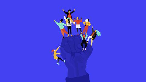 Illustration: Frauenpower. Diverse weiblich gelesene Figuren erklettern eine in die Höhe gereckte Faust. 