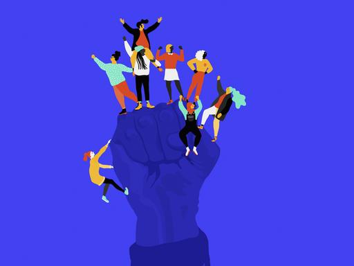 Illustration: Frauenpower. Diverse weiblich gelesene Figuren erklettern eine in die Höhe gereckte Faust. Illustration: Frauenpower. Diverse weiblich gelesene Figuren erklettern eine in die Höhe gereckte Faust.