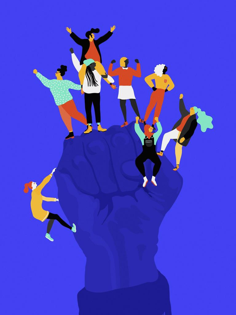 Illustration: Frauenpower. Diverse weiblich gelesene Figuren erklettern eine in die Höhe gereckte Faust. 