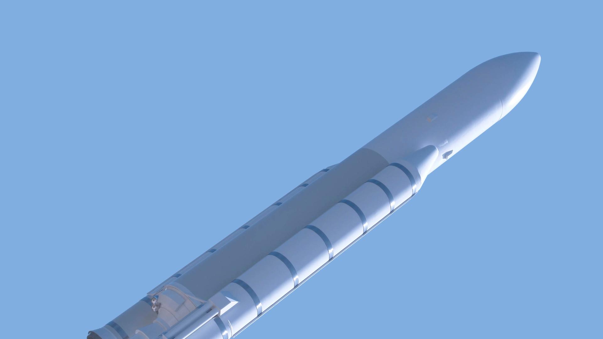 Das Bild zeigt eine fliegen Trägerrakete vor blauem Himmel