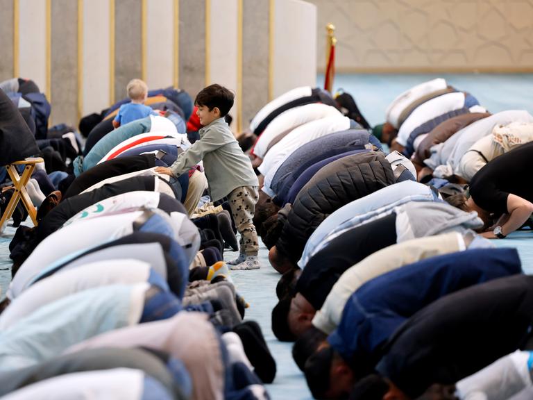 Gläubige beten beim öffentlichen Mittagsgebet in der DITIB-Zentralmoschee in Köln Ehrenfeld am 'Tag der offenen Moschee'. 