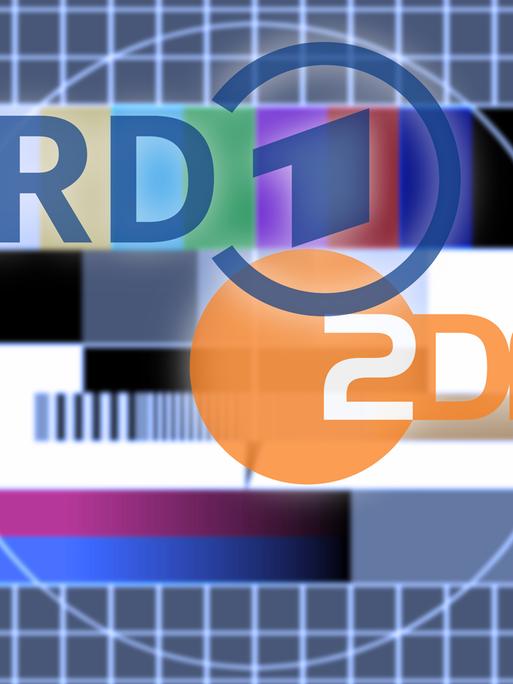 Logos der öffentlich rechtlichen Sendeanstalten ARD und ZDF auf einem Testbild.