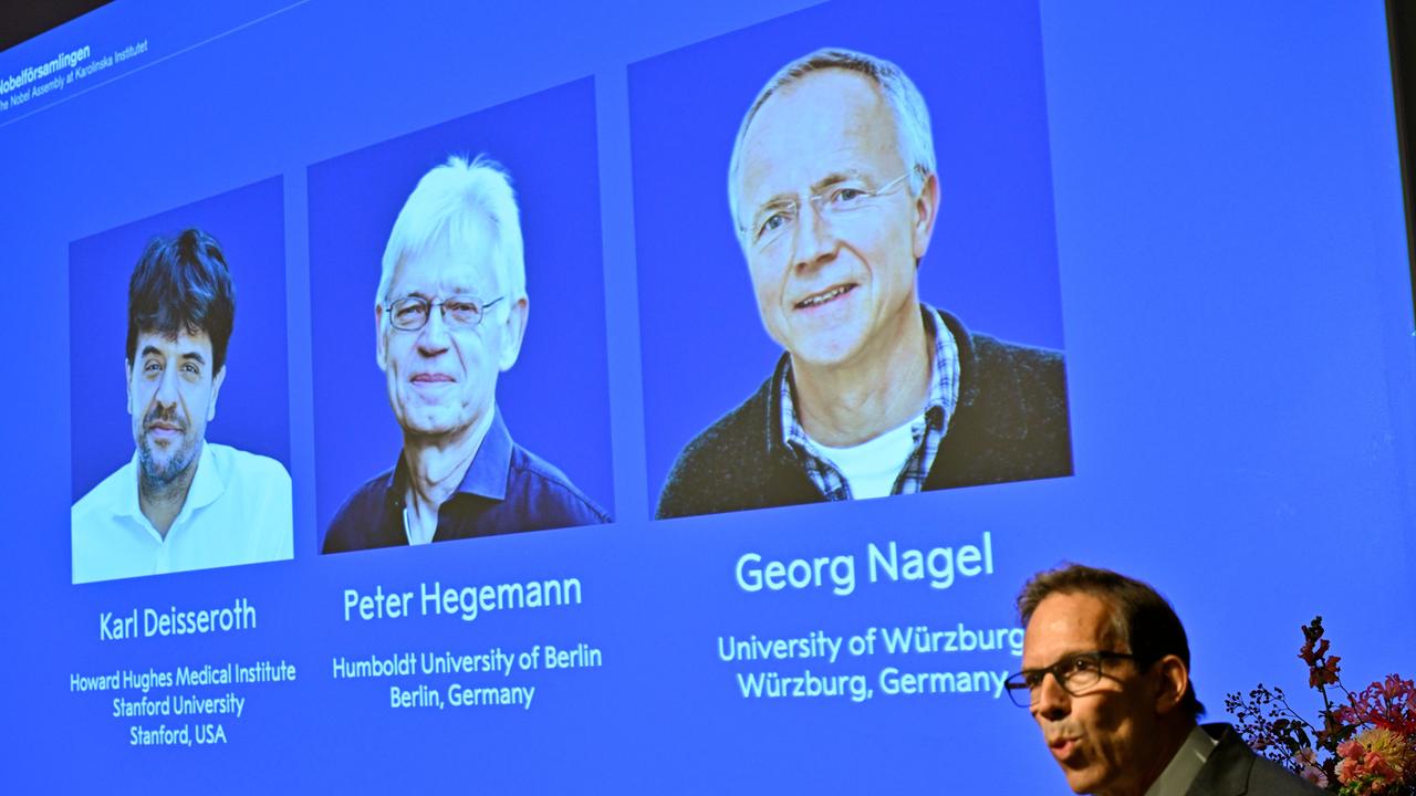 Karl Deisseroth, Peter Hegemann und Georg Nagel sind auf dem Bildschirm zu sehen, als ihnen der Nobelpreis für Physiologie oder Medizin 2026 verliehen wird.