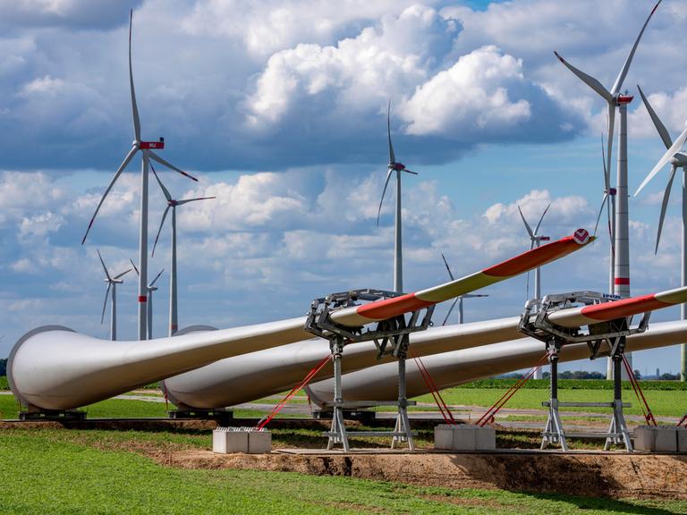 Mehrere große Windkraftanlagen stehen auf einem Feld. Im Vordergrund liegen Rotorblätter auf dem Boden, die für den Bau neuer Windräder vorbereitet werden. Über den Anlagen ziehen dichte Wolken am Himmel.