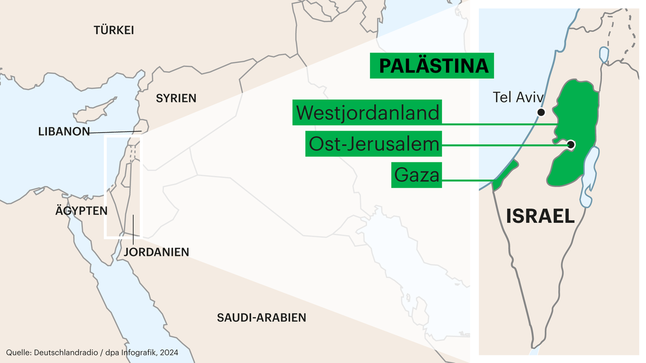 Die Karte zeigt, aus welchen Gebieten ein Staat Palästina bestehen könnte. 