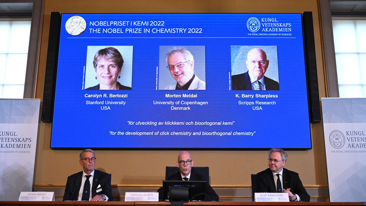 Die Mitglieder des Nobelpreiskomitees geben den Chemie-Nobelpreis 2022 bekannt. Er geht Carolyn Bertozzi, Barry Sharpless und Morten Meldal   Die Mitglieder des Nobelpreiskomitees geben den Chemie-Nobelpreis 2022 bekannt. Er geht Carolyn Bertozzi, Barry Sharpless und Morten Meldal