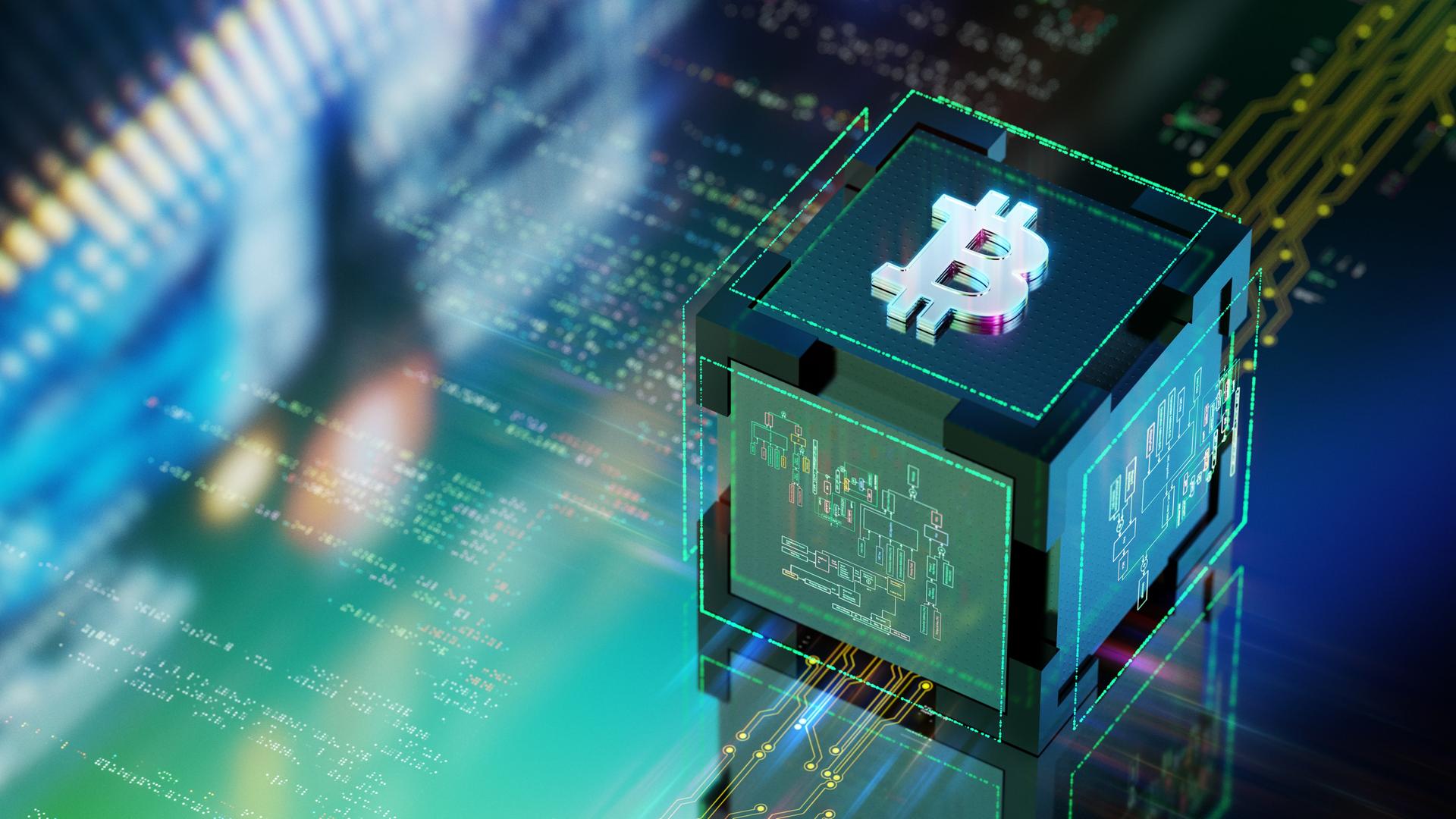 3D Illustration eines Würfels, der ein Bitcoin-Zeichen zeigt auf einer stilisierten Leiterplatte