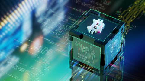 3D Illustration eines Würfels, der ein Bitcoin-Zeichen zeigt auf einer stilisierten Leiterplatte