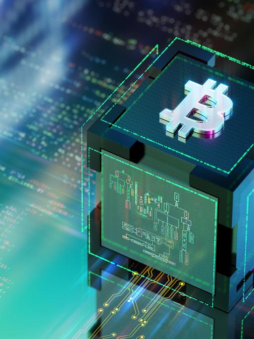 3D Illustration eines Würfels, der ein Bitcoin-Zeichen zeigt auf einer stilisierten Leiterplatte