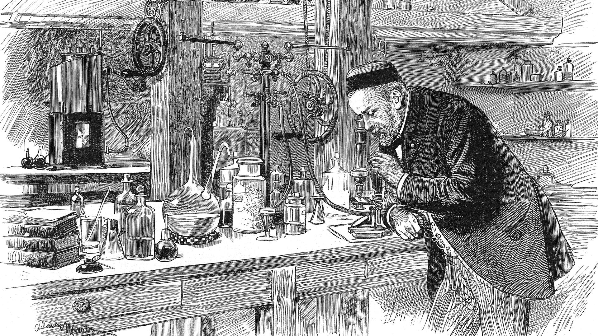 Der französische Chemiker Louis Pasteur in seinem Labor. Zeichnung 