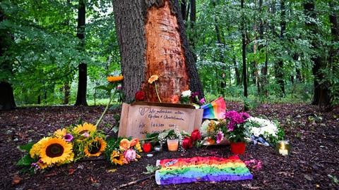 Blumen, Kerzen und die Botschaft „Wir gedenken aller Opfer und Überlebenden“ sind am Morgen an einem Baum mit beschädigter Rinde zu sehen, wo ein Fahrzeug am Rande des Christopher Street Day in eine Menschenmenge gefahren war.