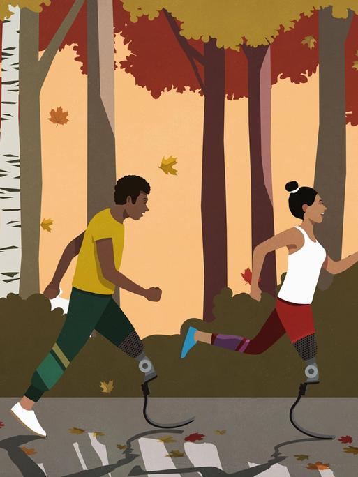 Illustration: Eine Frau und ein Mann laufen mit Beinprothesen durch einen Wald.