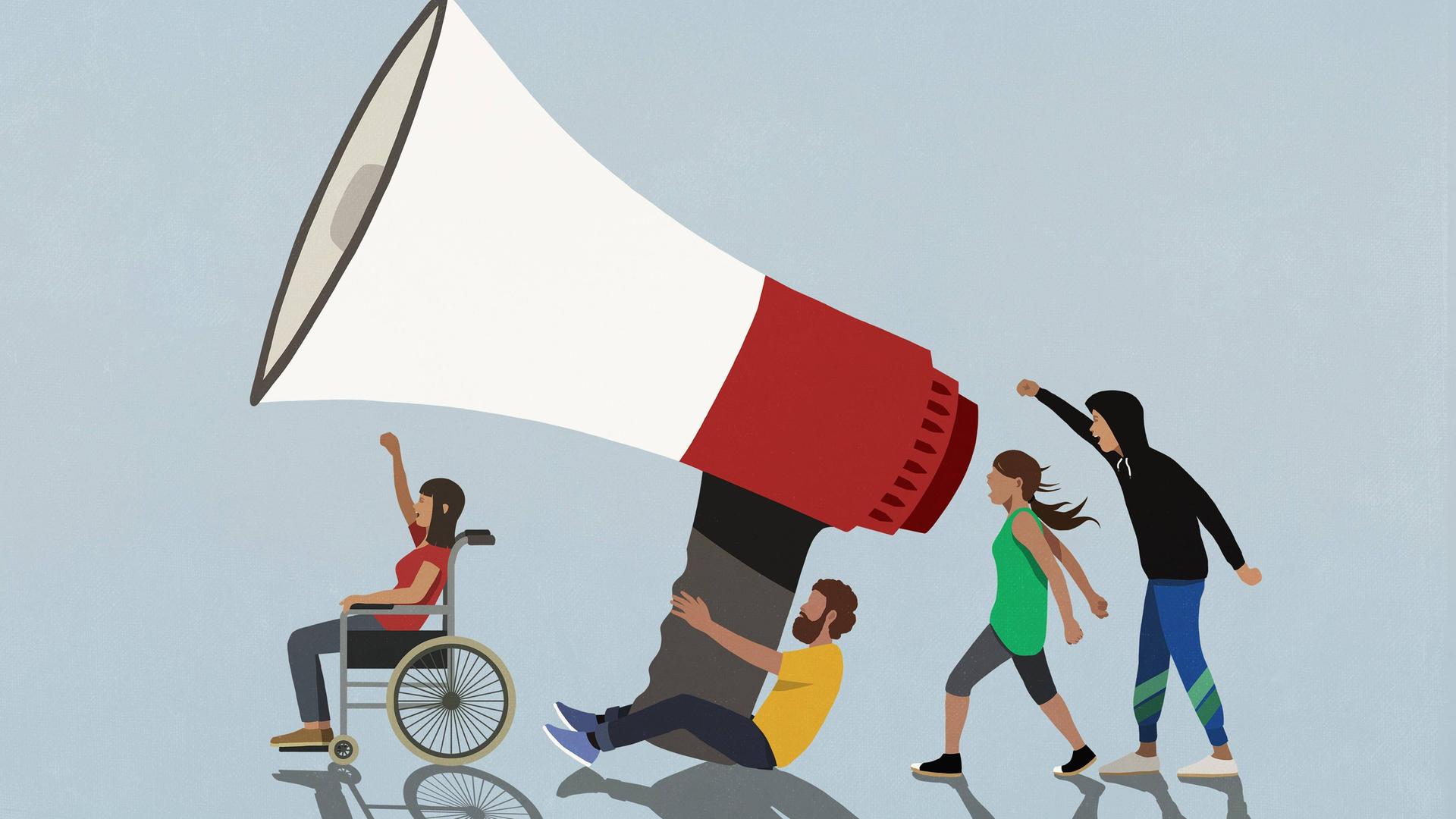 Illustration: Diverse protestierende Bürger mit einem übergroßen Megafon.