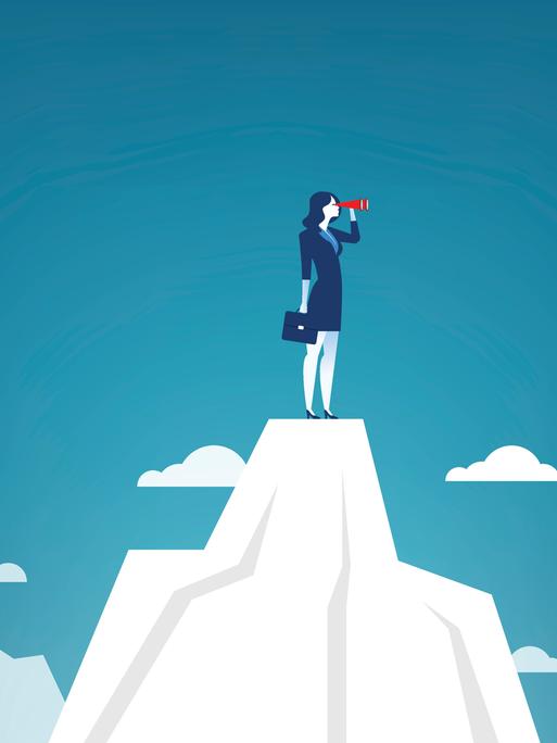 Illustration: Eine Geschäftsfrau steht auf dem Gipfel eines Berges und sucht mit einem Fernrohr nach Erfolg. 