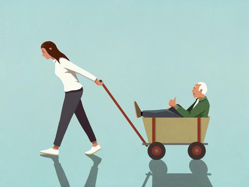 Illustration: Eine Frau zieht ihren alten Vater im Bollerwagen hinter sich her.