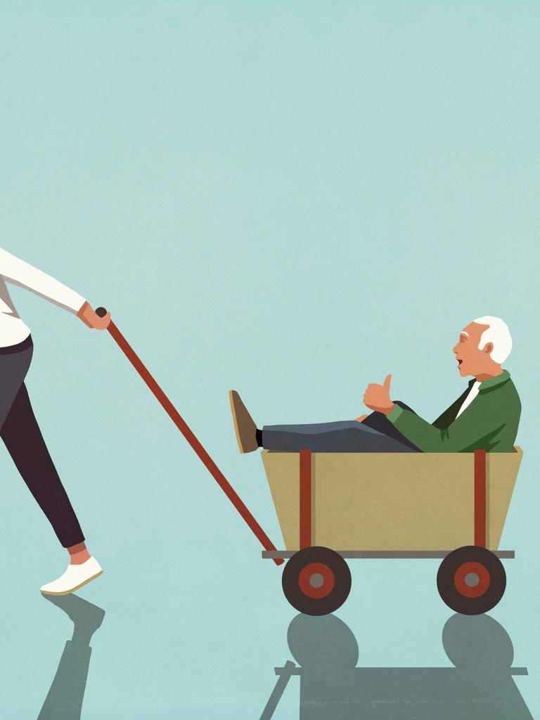Illustration: Eine Frau zieht ihren alten Vater im Bollerwagen hinter sich her.