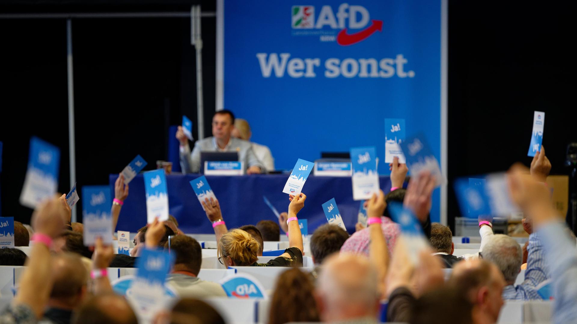 Delegierte stimmen beim Aufstellungsparteitag der AfD ab und halten Stimmkarten hoch.