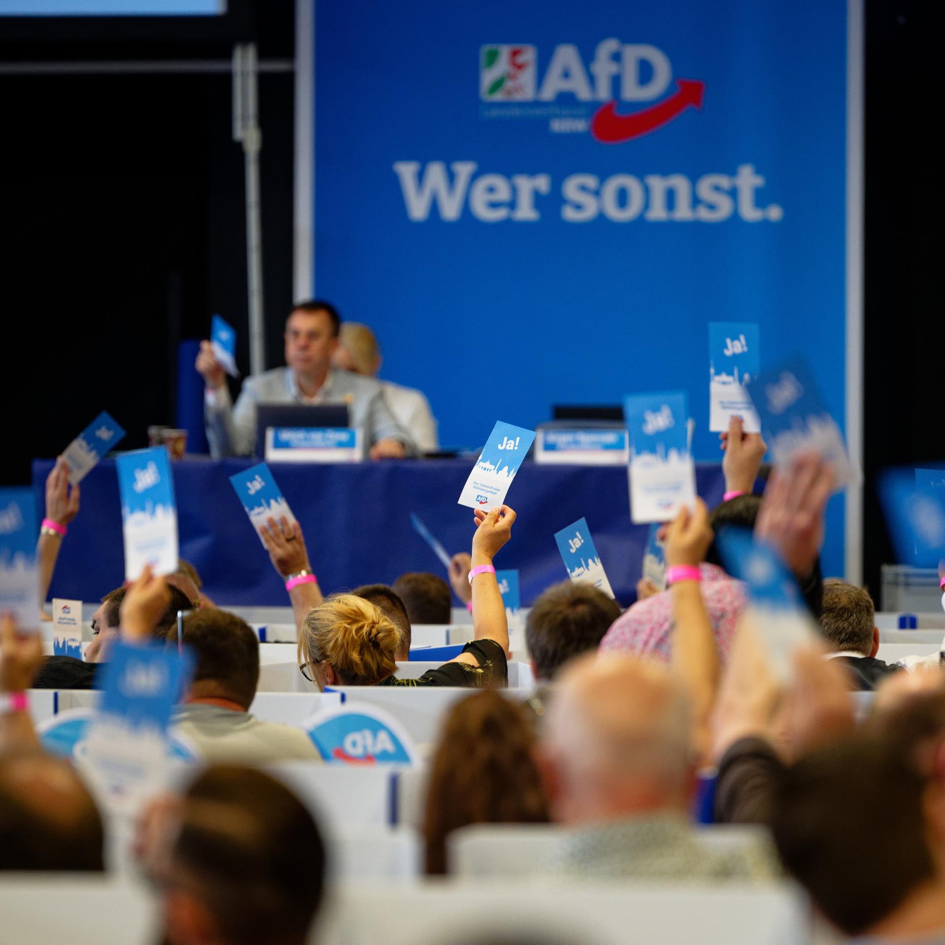 Delegierte stimmen beim Aufstellungsparteitag der AfD ab und halten Stimmkarten hoch.