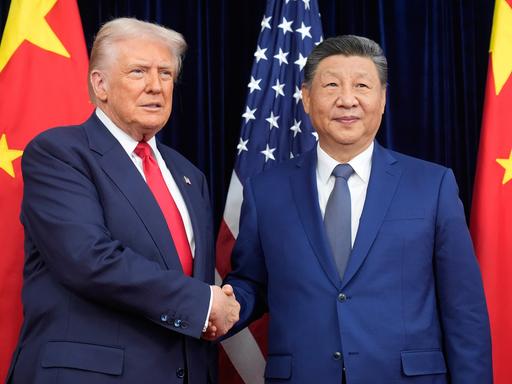 Donald Trump und Xi Jinping schütteln sich vor Flaggen beider Länder die Hände. Beide schauen dabei ernst. Donald Trump und Xi Jinping schütteln sich vor Flaggen beider Länder die Hände. Beide schauen dabei ernst.
