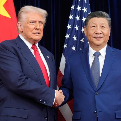 Donald Trump und Xi Jinping schütteln sich vor Flaggen beider Länder die Hände. Beide schauen dabei ernst.