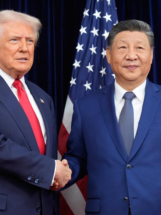 Donald Trump und Xi Jinping schütteln sich vor Flaggen beider Länder die Hände. Beide schauen dabei ernst. Donald Trump und Xi Jinping schütteln sich vor Flaggen beider Länder die Hände. Beide schauen dabei ernst.
