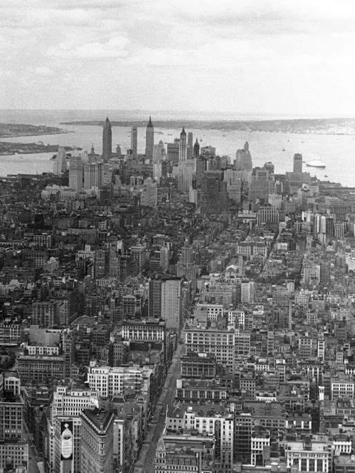 A view looking southward from the Empire State Building, shows lower Manhattan, and the rear view of the famous skyline in New York City, USA from around Sept. 29, 1938. The cluster of buildings is the financial district. In foreground is one of New YorkÃ¢ÂÂs first skyscrapers, the Flat Iron building, at the junction of Broadway, bearing left and Fifth Avenue. At right is the mouth of the Hudson River, flowing past Liberty Island and the Atlantic Ocean is out beyond the narrows on the left. STOCK PHOTO (AP Photo)