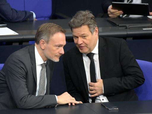 Christian Lindner und Robert Habeck sitzen zusammen in der 150. Sitzung des Deutschen Bundestages im Reichstagsgebäude.  