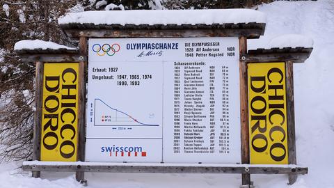 Tafel an der Olympia Skisprungschanze von 1928 und 1948 in St. Moritz 