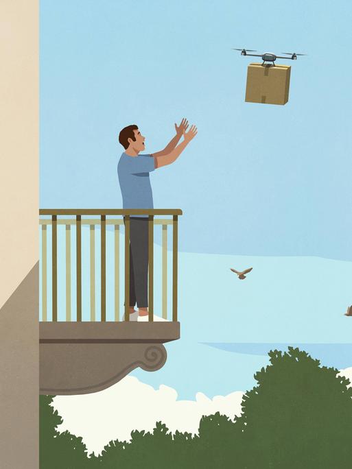 Eine farbige Illustration zeigt einen Mann auf einem Balkon. Er streckt die Arme nach einer heranfliegenden Drohne aus, die ein Paket trägt.