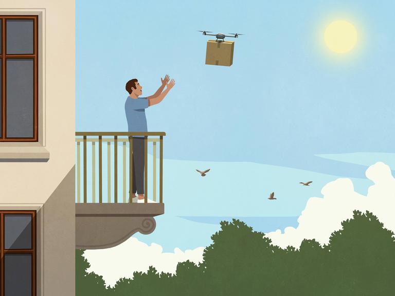 Eine farbige Illustration zeigt einen Mann auf einem Balkon. Er streckt die Arme nach einer heranfliegenden Drohne aus, die ein Paket trägt.