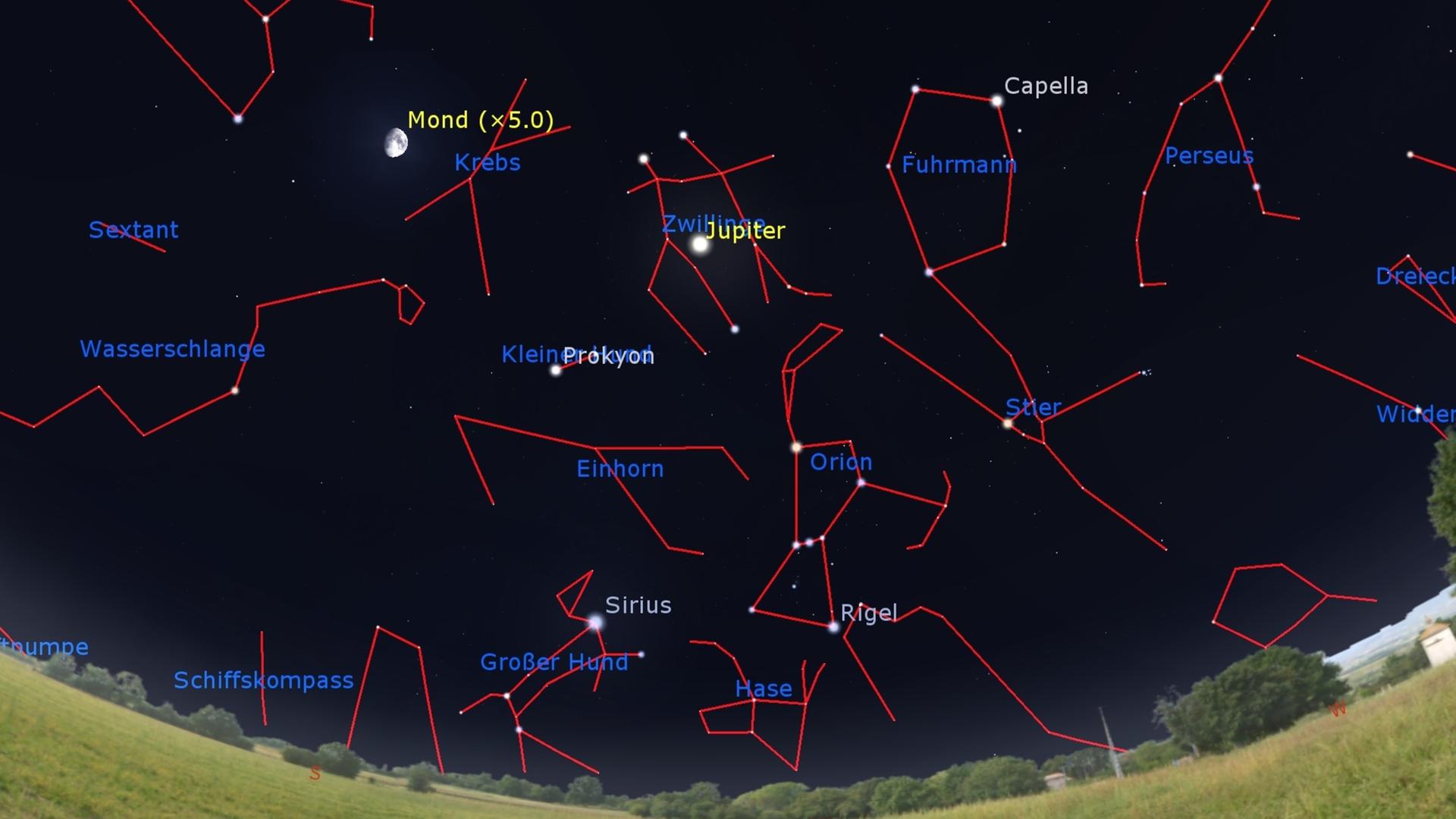 Nächtliche Himmelskarte mit vielen eingezeichneten Sternbildern über einer grünen Wiesenlandschaft. Nächtliche Himmelskarte mit vielen eingezeichneten Sternbildern über einer grünen Wiesenlandschaft.