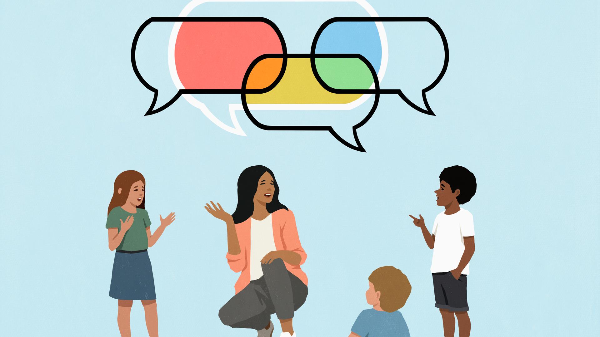 Illustration einer Lehrerin und ihren Schülern. Über ihnen schweben mehrfarbige, sich überlagernde Sprechblasen. Illustration einer Lehrerin und ihren Schülern. Über ihnen schweben mehrfarbige, sich überlagernde Sprechblasen.