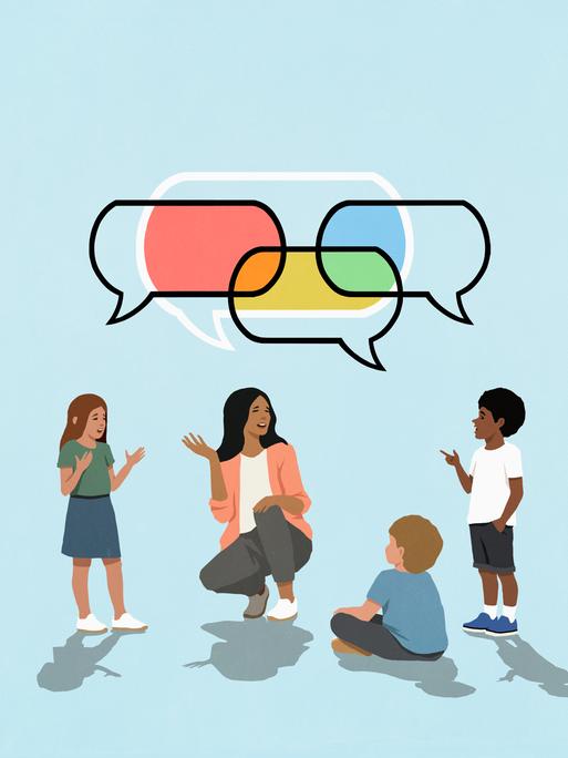 Illustration einer Lehrerin und ihren Schülern. Über ihnen schweben mehrfarbige, sich überlagernde Sprechblasen. Illustration einer Lehrerin und ihren Schülern. Über ihnen schweben mehrfarbige, sich überlagernde Sprechblasen.