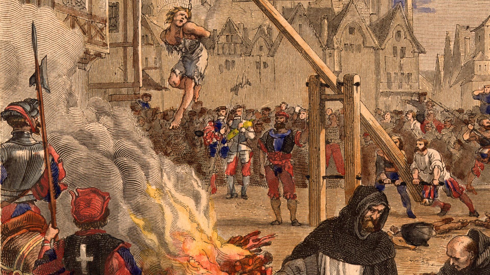 "Verbrennung der Hexen und Ketzer durch Aufheben und Niedersenken in das Feuer zu Paris". Holzstich nach Zeichnung von Felix Philippoteaux (1815-1884)
