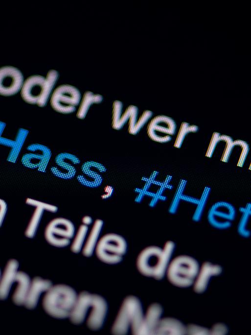 Auf dem Bildschirm eines Smartphones sieht man die Hashtags Hass und Hetze in einem Twitter-Post