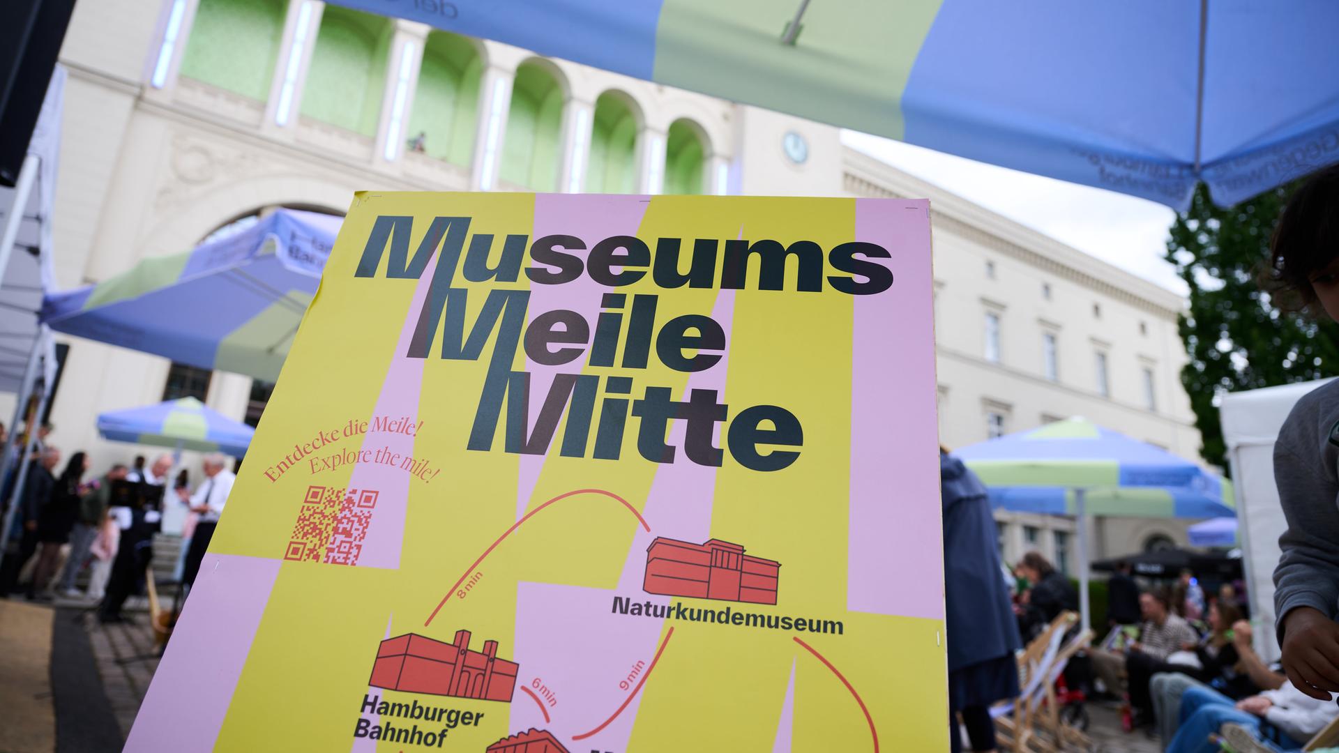 "Museums Meile Mitte" steht auf einem Plakat, im Hintergrund sind Menschen, Sonnenschirme und Stände zu erkennen. "Museums Meile Mitte" steht auf einem Plakat, im Hintergrund sind Menschen, Sonnenschirme und Stände zu erkennen.