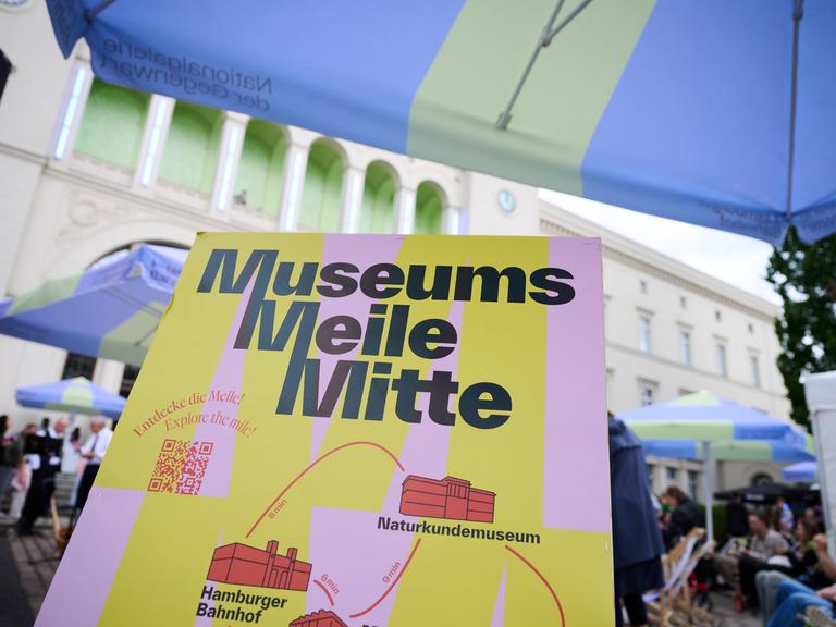 "Museums Meile Mitte" steht auf einem Plakat, im Hintergrund sind Menschen, Sonnenschirme und Stände zu erkennen.
