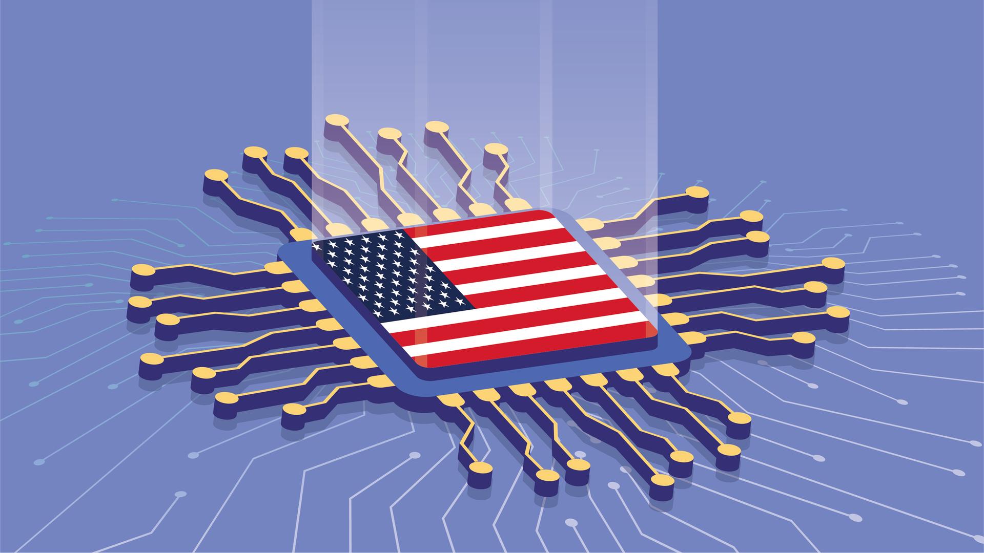 Illustration eines Chips, der an der Oberfläche die amerikanische Flagge zeigt. Illustration eines Chips, der an der Oberfläche die amerikanische Flagge zeigt.