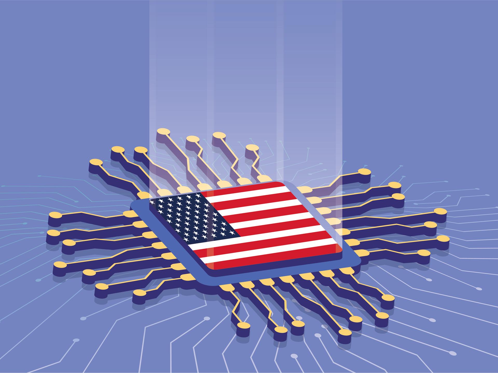 Illustration eines Chips, der an der Oberfläche die amerikanische Flagge zeigt.