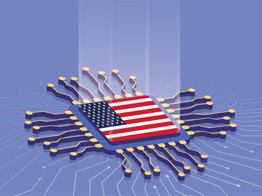 Illustration eines Chips, der an der Oberfläche die amerikanische Flagge zeigt.