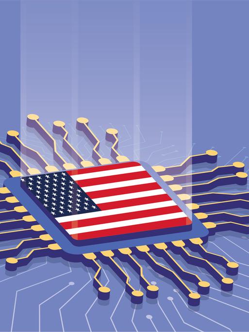 Illustration eines Chips, der an der Oberfläche die amerikanische Flagge zeigt. Illustration eines Chips, der an der Oberfläche die amerikanische Flagge zeigt.