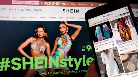 Die Webseite von Shein zeigt Bademode für Frauen. Die von Temu grelle Schnäppchen. 