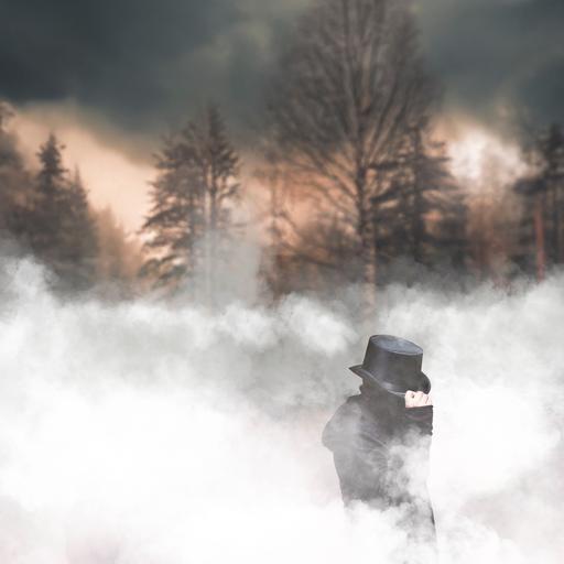 Professor van Dusen: Ein Mann mit unkenntlichem Gesicht im Mantel, der mit seiner Hand an seinen Zylinder fasst. Er steht im Nebel vor einem düsteren winterlichen Wald