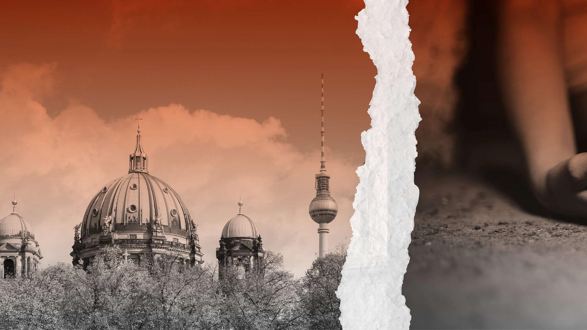 Mit einem Riss zweigeteiltes Bild: Links Berlin (Dom und Fernsehturm), rechts eine offene Hand, in der eine Spritze liegt. Mit einem Riss zweigeteiltes Bild: Links Berlin (Dom und Fernsehturm), rechts eine offene Hand, in der eine Spritze liegt.