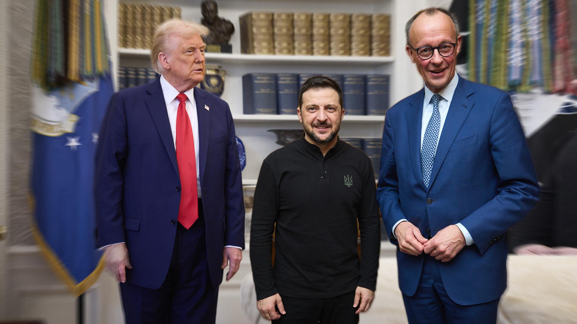 FOTOMONTAGE von dpa: Donald Trump, Wolodymyr Selenskyj und Friedrich Merz (von links nach rechts)